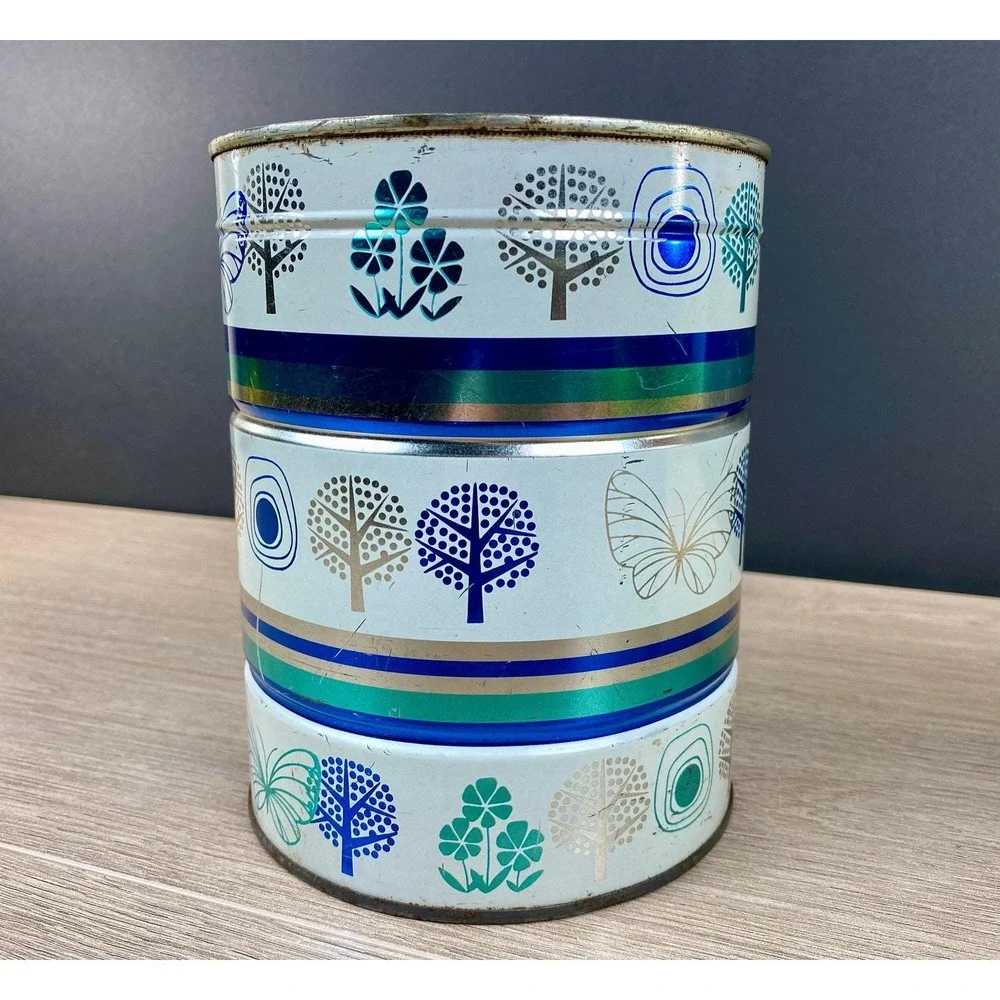 Vintage Coffee Tin Butterflies Trees Retro Graphics Blue Silver White Décor